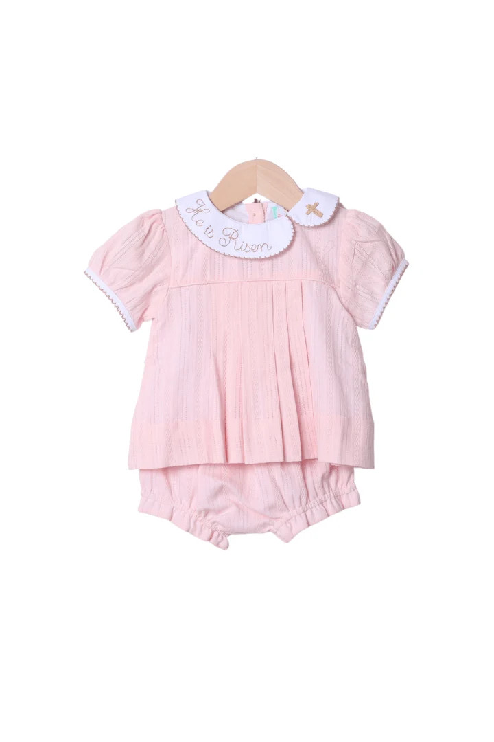 He Is Risen Pink Linen Bloomer Set | The Smocked Flamingo