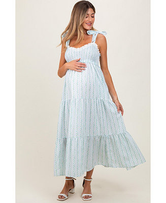 Maternity Floral Striped Smocked Shoulder Tie Maxi Dress | Macy's