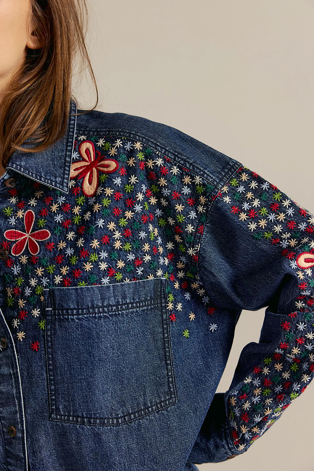 We The Free Rainbow Embroidered Denim Top | Free People (Global - UK&FR Excluded)