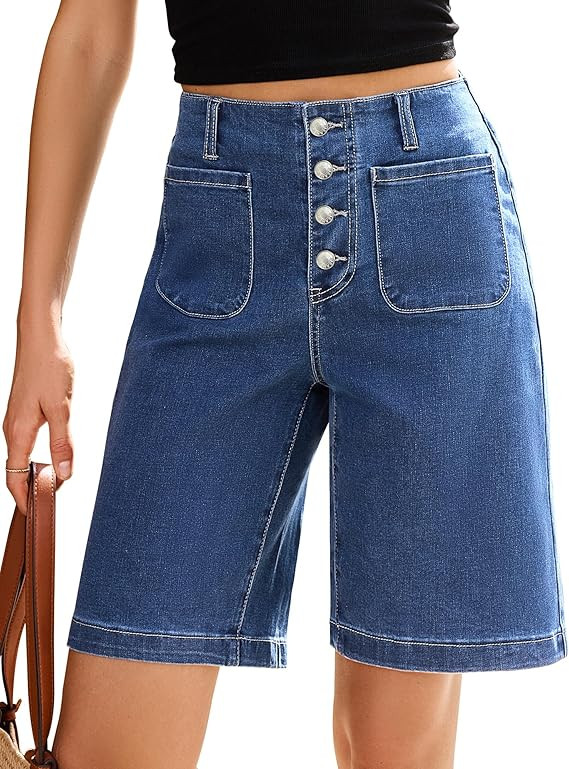 Vetinee Bermuda Shorts for Women High Waisted Button Fly Patch Pocket Long Stretch Denim Shorts R... | Amazon (US)