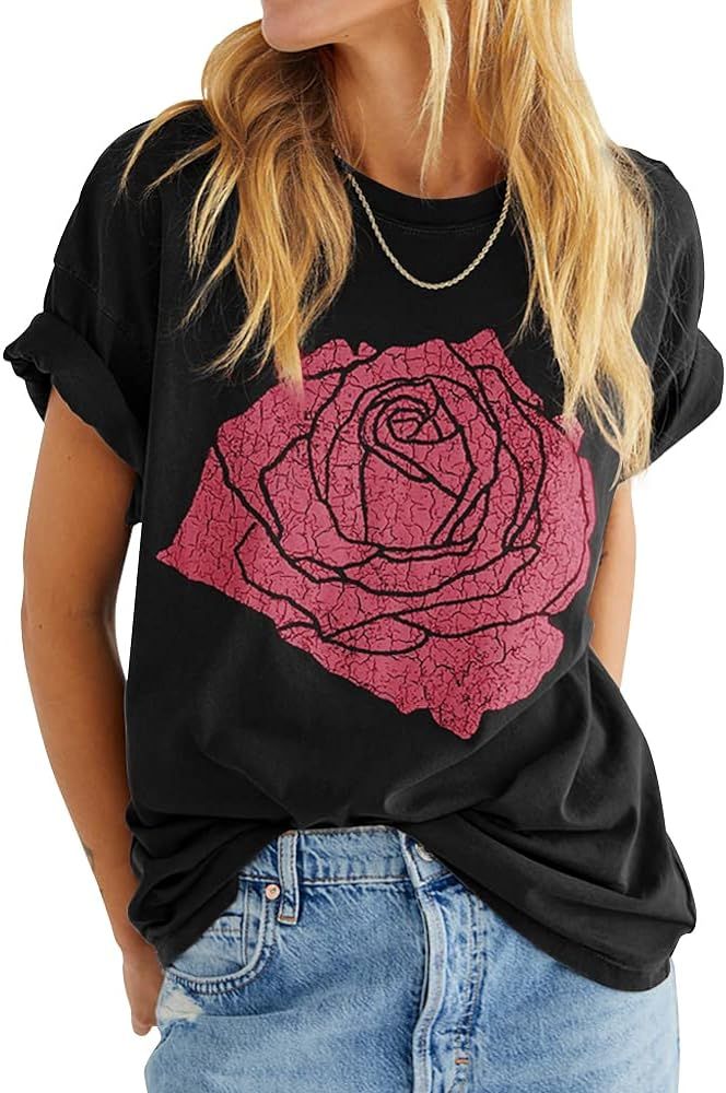 Womens Rose Graphic Tee T Shirt Loose Fit Summer Short Sleeve Casual Boyfriend Crew Neck Tops | Amazon (US)