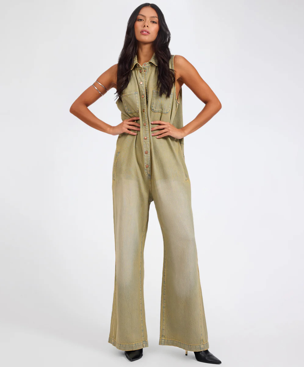 Braxton Wide Leg Long Length Denim Jumpsuit - Warm Khaki | One Teaspoon | OneTeaspoon