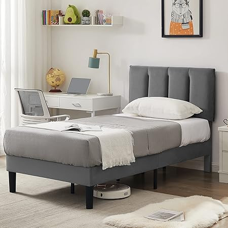 VECELO Twin Size Bed Frame, Upholstered Platform Bedframe, Adjustable Headboard, Wood Slat Suppor... | Amazon (US)