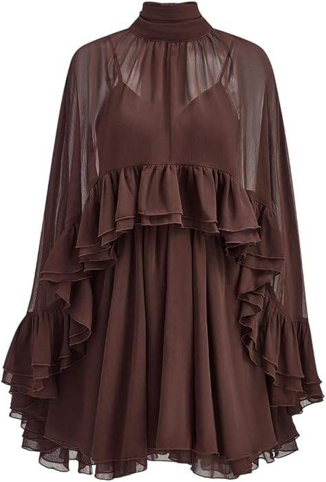 Women\u2019s Semi Sheer Chiffon Ruffle Dress with Outer Cape, Poncho Sleeve Flowy Mini Dress, Loo... | Amazon (US)