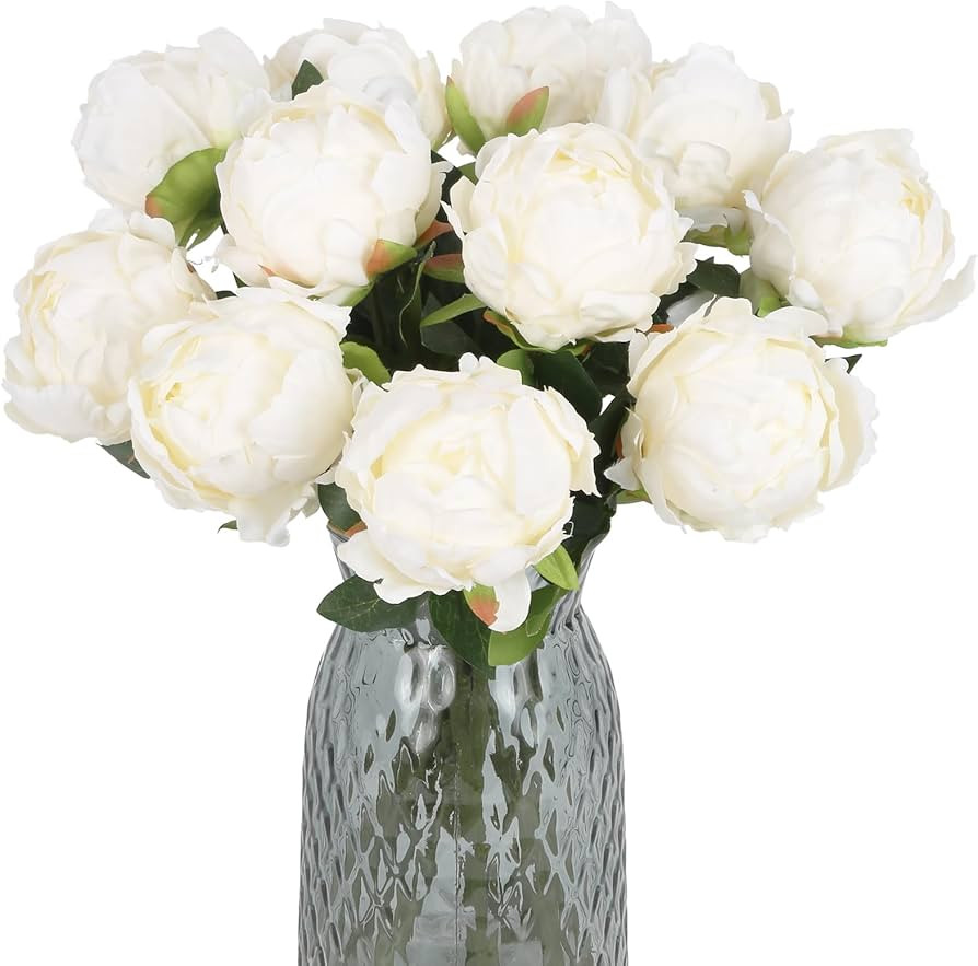 10pcs White Silk Peonies with Single Stem - Faux Flowers for Wedding Table Centerpieces, Home Dec... | Amazon (US)