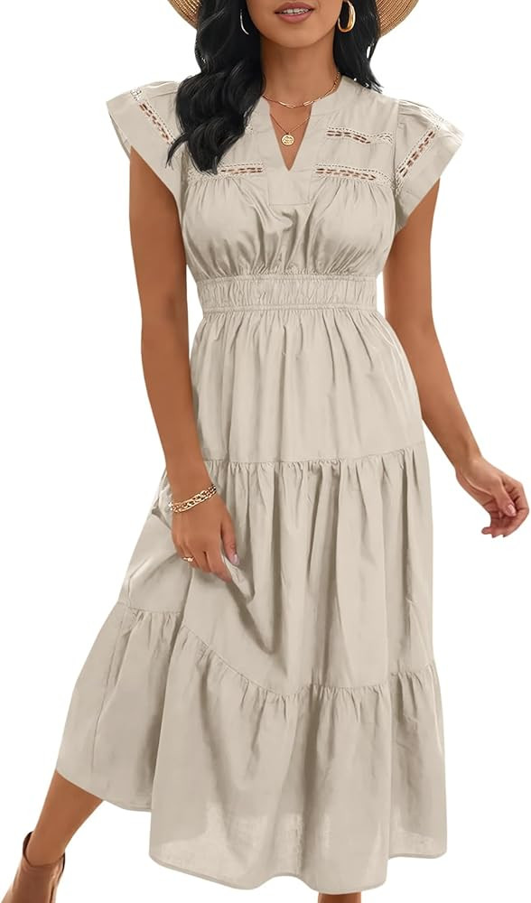 Wenrine Womens Summer Casual Midi Dress V Neck Short Sleeve Lace Elastic Waist Boho Beach Vacatio... | Amazon (US)
