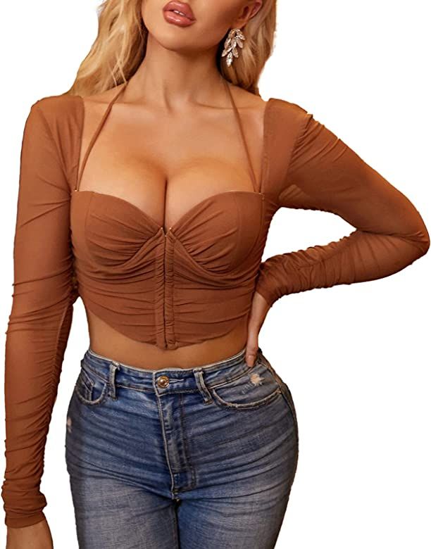 KUTUMAI Women's Mesh Ruched Long Sleeve Corset Crop Top Central Single-Row Clasp Bustier | Amazon (US)