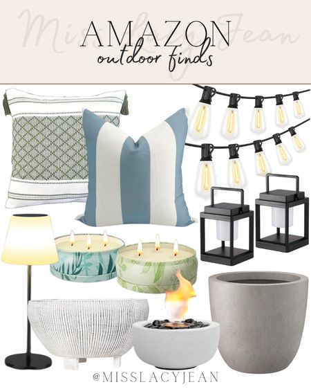 Amazon outdoor home finds include outdoor string lights, throw pillows, outdoor lamp, lanterns, citronella candles, tabletop fire pit, tabletop planter, planter.  

Home decor, patio decor, patio finds, summer outdoor living, outdoor entertaining 

#LTKhome #LTKfindsunder100 #LTKstyletip