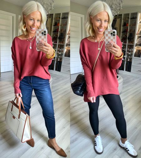 The most perfect sweater to wear front tucked and with leggings!!!!!! 
Sweater small
Jeans 4
Leggings small
Shoes TTS 

#LTKstyletip #LTKfindsunder50 #LTKover40