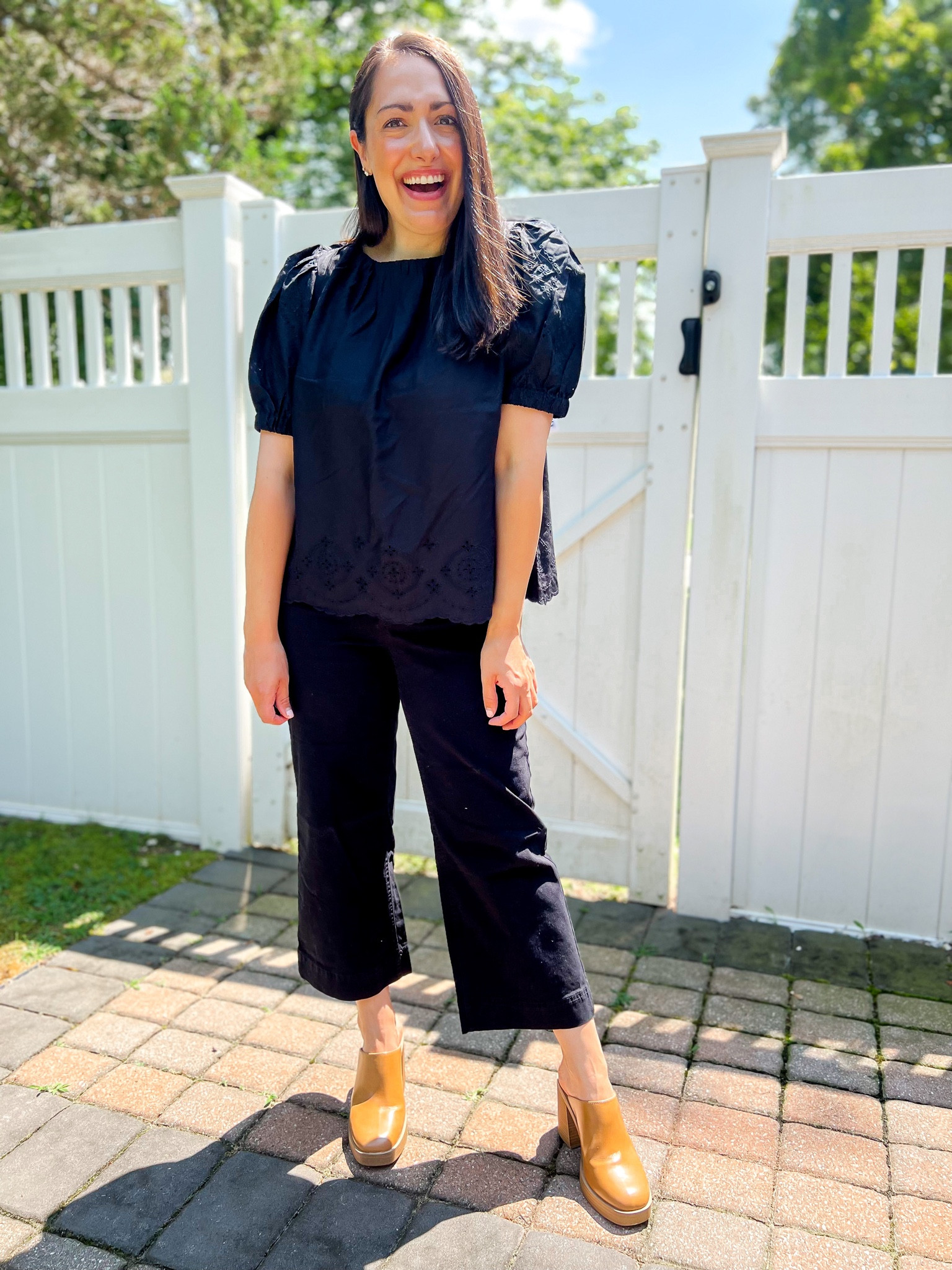 Old navy tops on sale, eyelet top, black outfit, wide leg Lange, heeled mules, workwear, teacher outfit 

Black eyelet top: small
Wide leg pants: 4 petite (tts)
Mules: tts

#LTKshoecrush #LTKworkwear #LTKstyletip