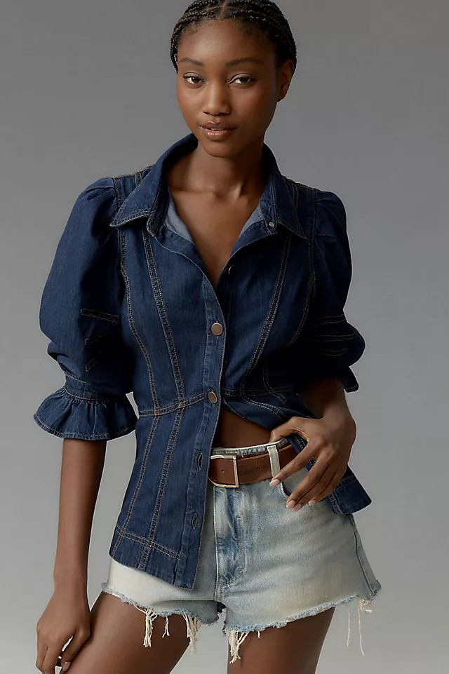 Puff-Sleeve Denim Buttondown Shirt | Anthropologie (US)