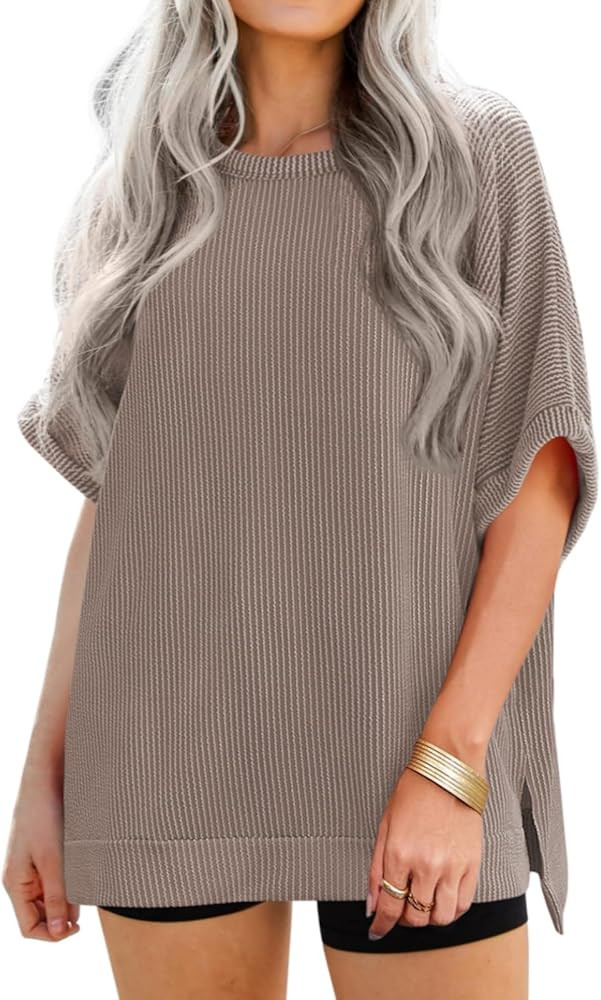 Tankaneo Womens Oversized T Shirts Summer Casual Loose Fit Striped Knit Batwing Sleeves Tunic Top... | Amazon (US)