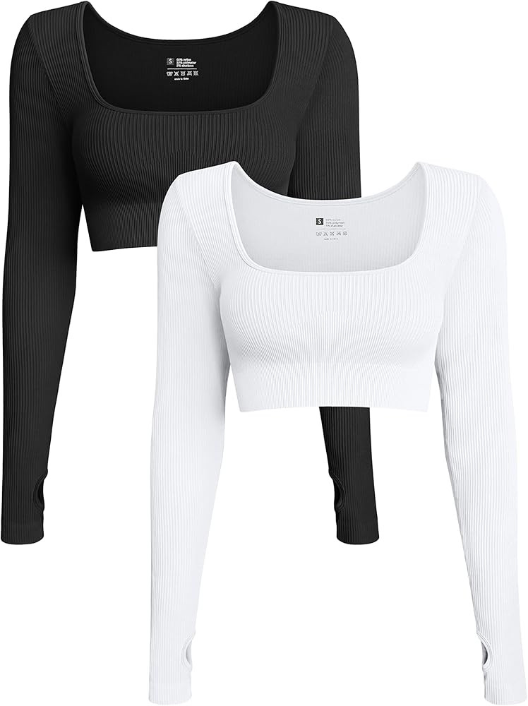 OQQ Women's 2 Piece Crop Top Ribbed Seamless Workout Exercise Long Sleeve Crop Tops | Amazon (US)