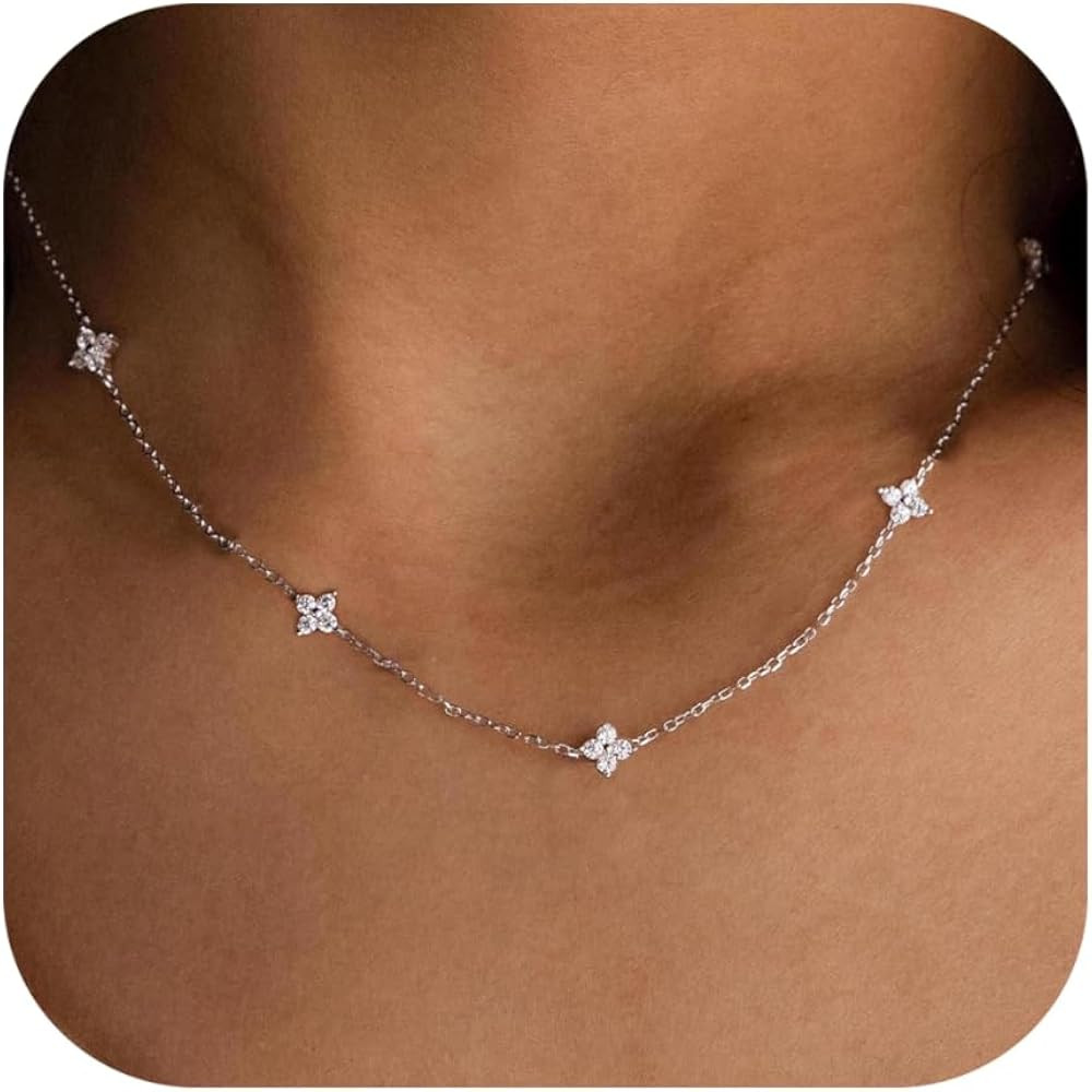 Dainty Necklaces for Women Cute Station Choker Necklace Cubic Zirconia Simulated Diamond Necklace... | Amazon (US)