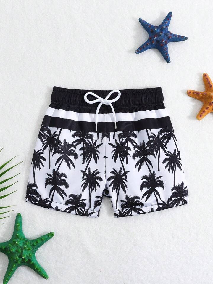 Baby Boy Coconut Tree Striped & Printed Woven Fabric Beach Swimwear Shorts | SHEIN USA | SHEIN