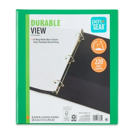 Pen+Gear Durable View 1-inch D-Ring Binder, Green | Walmart (US)