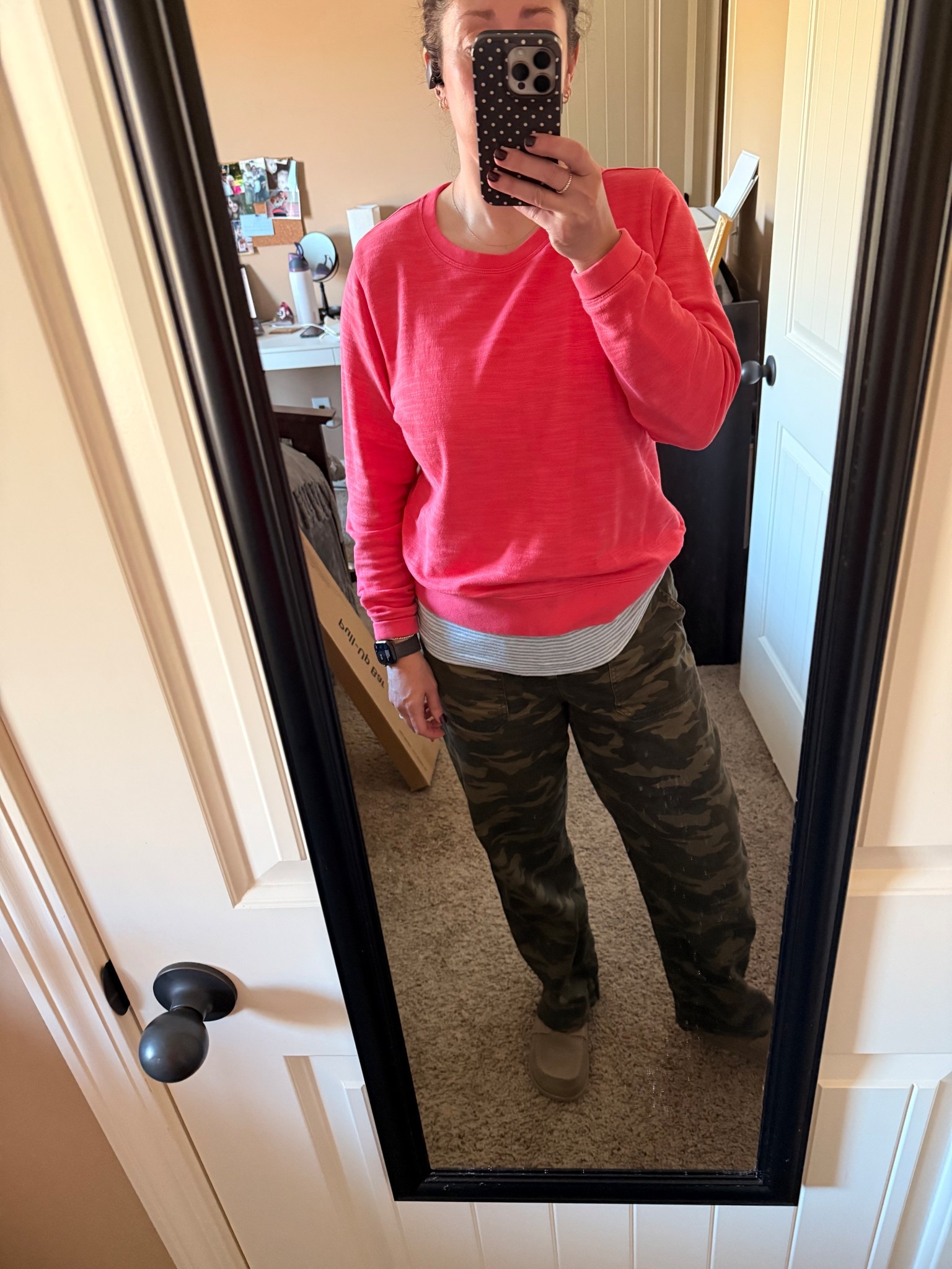 WFH but make it cute + comfy 💻✨  

This is your sign you don’t have to sacrifice style for comfort at home. An easy @jcrew crewneck +  @American Eagle Outfitters camo  = effortless, put-together, and ready for whatever the day throws at you (meetings → errands → couch 😅).  

✔️ Lightweight sweatshirt (perfect for layering)  
✔️ Camo joggers that feel like sweats but look styled  
✔️ Neutral slides to keep it easy  

Casual, comfy, and still giving “I tried” energy 💁🏼‍♀️  

#LTKStyle #LTKFinds #WFHStyle #CasualOutfit #Everyday

#LTKOver40 #LTKootd #LTKSeasonal