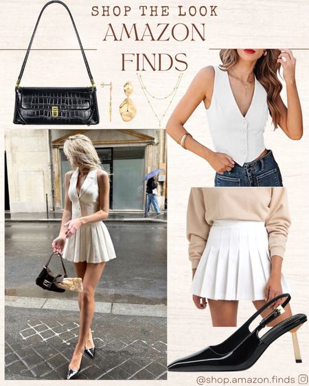 Pinterest Inspired Look!
How cute is this summer date night look all styled from Amazon. White pleated skirt, white vest, black heels, purse, and gold accessories.

#LTKshoecrush #LTKitbag #LTKstyletip