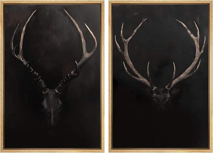 SIGNWIN Framed Canvas Print Wall Art Rustic Antler Skull Dark Dramatic Black Vintage-Inspired Dee... | Amazon (US)