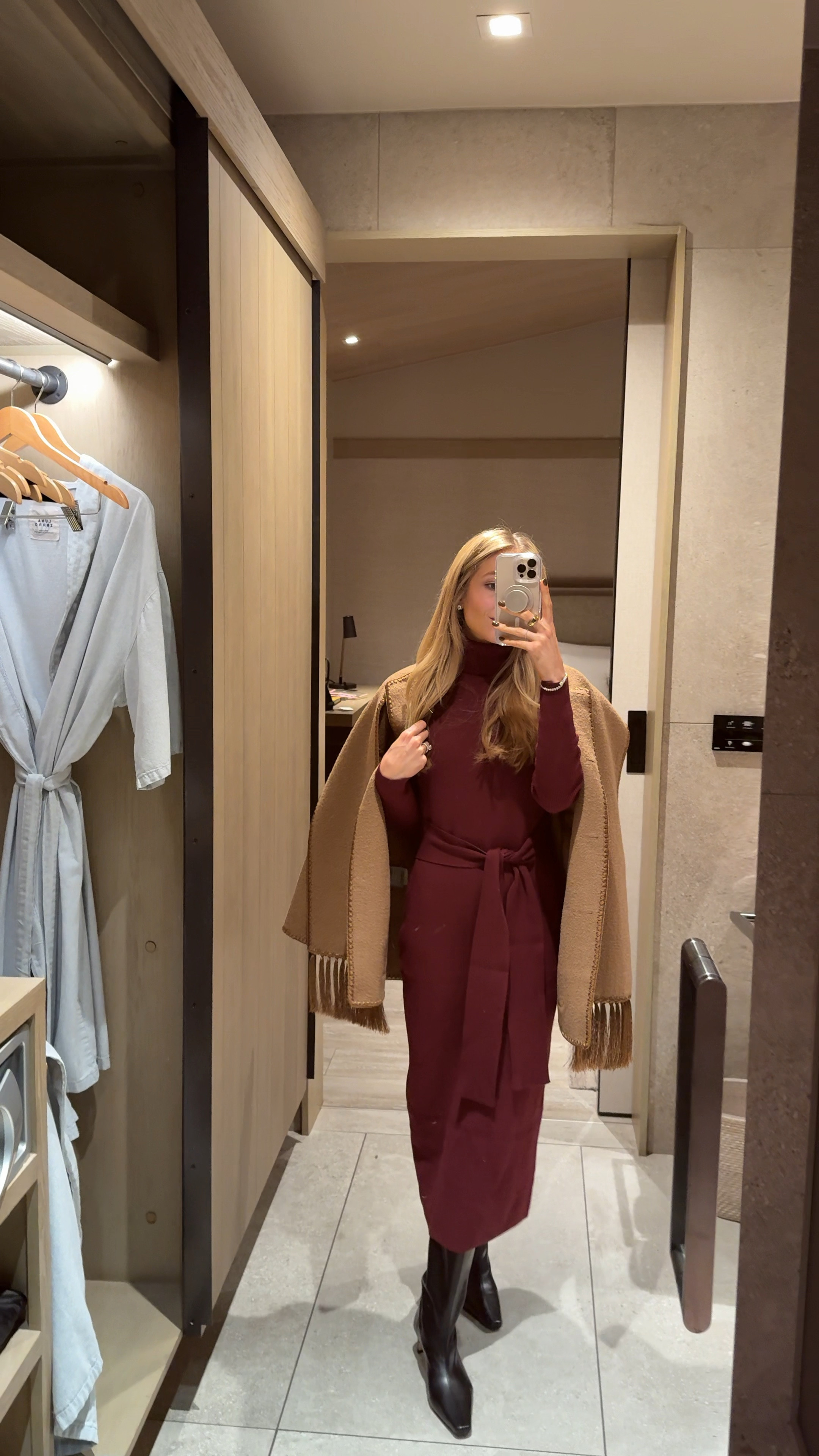 En route to dinner with Apple in Napa wearing this burgundy sweater dress and black knee high boots. Just bought this Toteme camel scarf jacket and it’s my splurge jacket of the season 🍂

Sizes worn here:
Dress XS (TTS)
Jacket 34 (TTS, fits like a relaxed XS)
Boots 39.5 (TTS)

#LTKVideo #LTKShoeCrush #LTKTravel