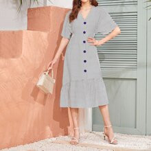 Polka Dot Button Front Ruffle Hem Dress | SHEIN