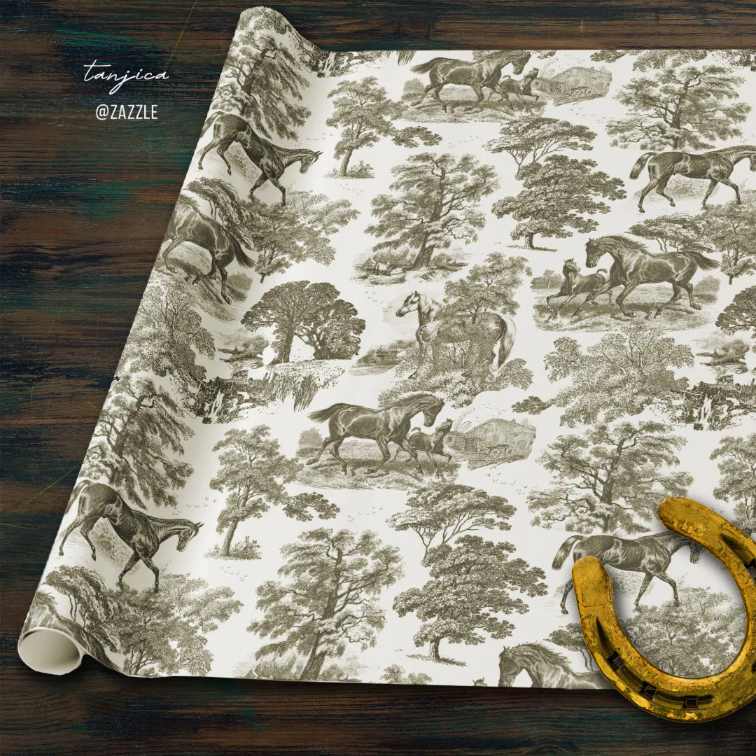 Elegant Rustic Horses Beige Toile Wrapping Paper | Zazzle | Zazzle