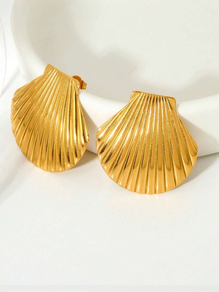 1Pair Summer Beach Sea Shell 18K Gold PVD Plated Stainless Steel Waterproof Metal Stud Earrings H... | SHEIN