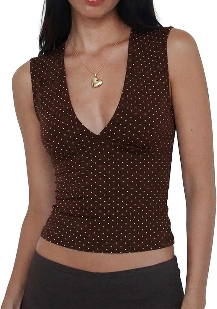 Women Deep V Neck Tops Sexy Sleeveless Crop Top Stretchy Trendy Going Out Tank Top Cute Summer Cl... | Amazon (US)