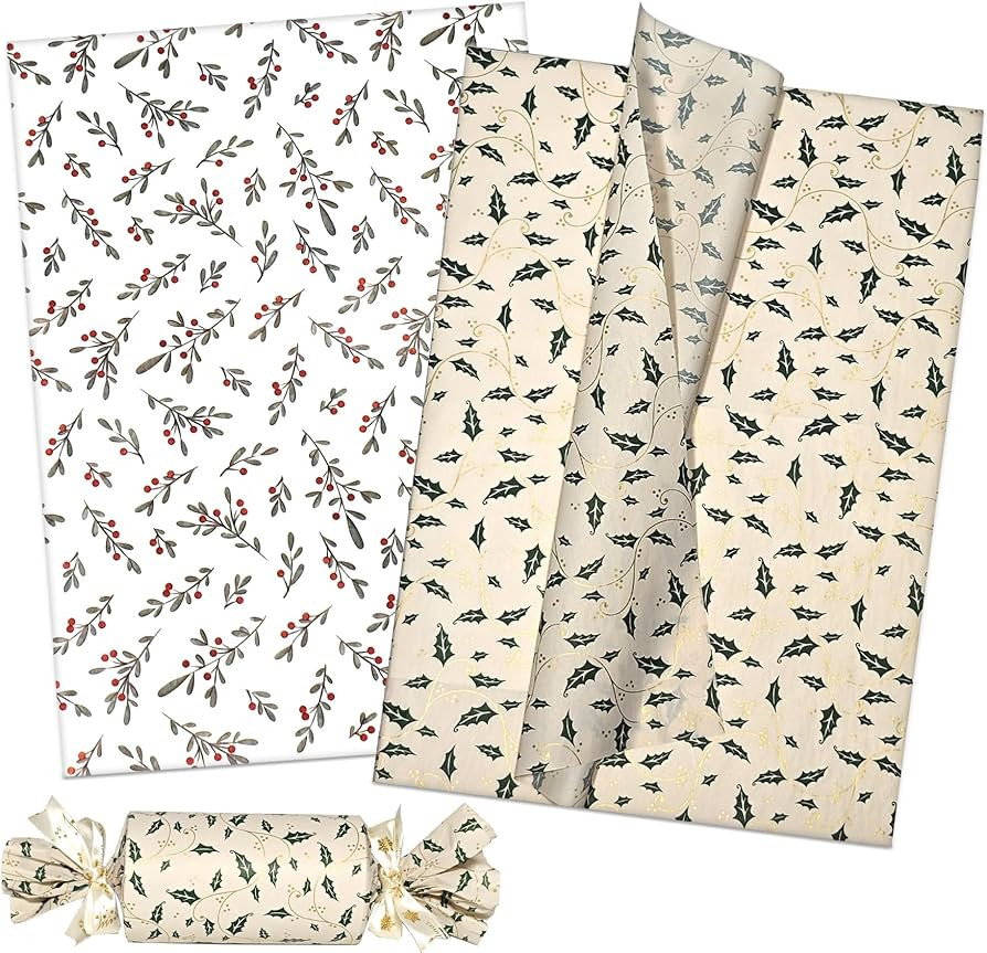 LIAPAWPAW 60 Sheets Christmas Tissue Paper, Vintage Holly Berry Printed Xmas Tissue Paper for Gif... | Amazon (US)