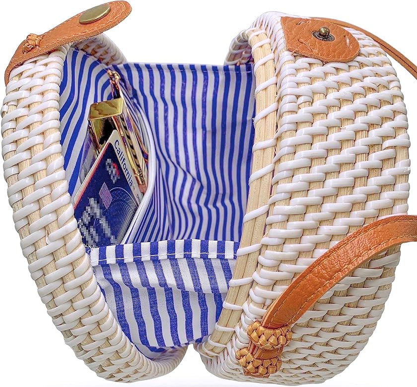 Handmade Straw White Round Rattan Bag Zipper Pouch Adjustable Strap Wicker Purse | Amazon (US)