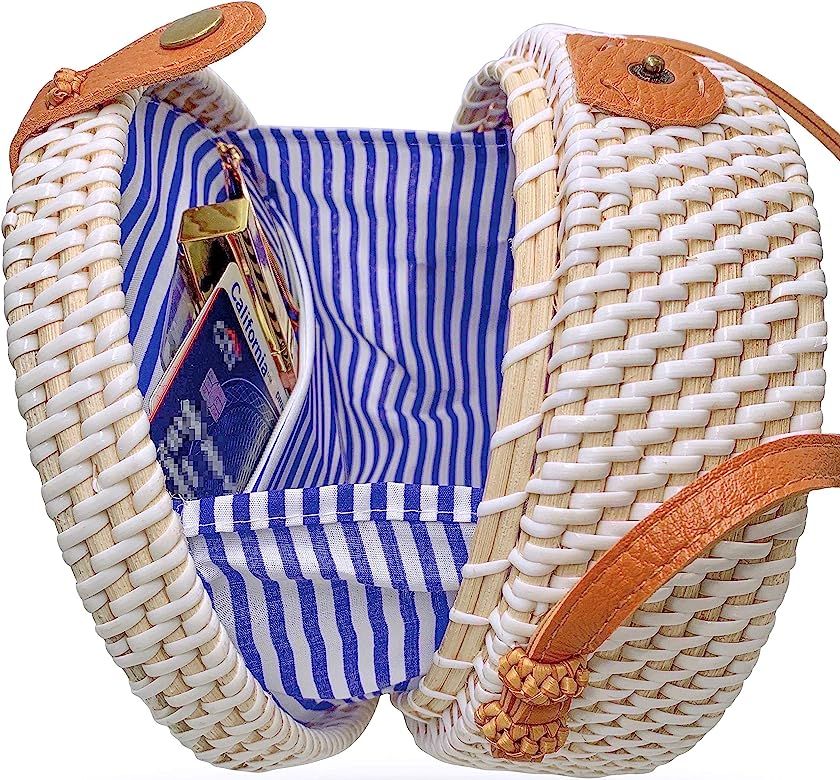 Handmade Straw White Round Rattan Bag Zipper Pouch Adjustable Strap Wicker Purse | Amazon (US)