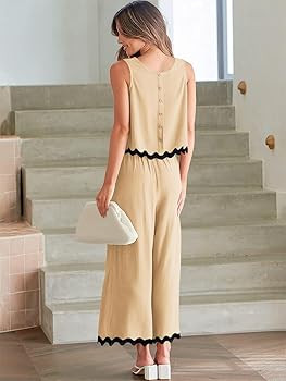 Dokuritu Two Piece Sets for Women Summer Sleeveless Tank Crop Button Back Top Wide Leg Pants Line... | Amazon (US)