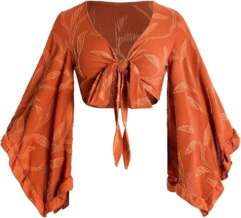 Women's Y2K 70s Western Tops Tie Front Boho Tops Long Bell Sleeve Country Concert Outfits Cowgirl... | Amazon (US)