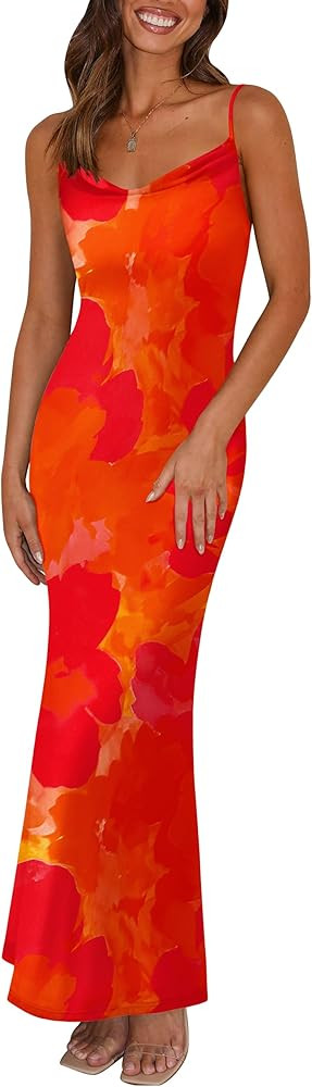 PRETTYGARDEN Women's 2025 Summer Floral Spaghetti Strap Maxi Dress Stretch Sexy Bodycon Dress Bac... | Amazon (US)
