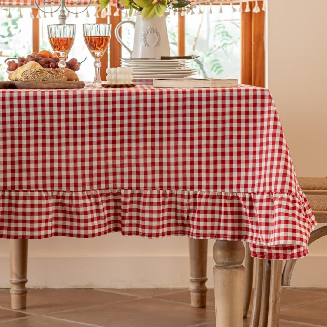 Red Plaid Ruffled Table Cover Linen Rectangle Gingham Tablecloth Classic Farmhouse Vintage Checke... | Amazon (US)