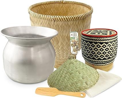 PANWA Combo Sticky Rice Cooking Set Aluminum Pot Diameter 8 1/2" (22 cm), Thai Bamboo Steamer Bas... | Amazon (US)