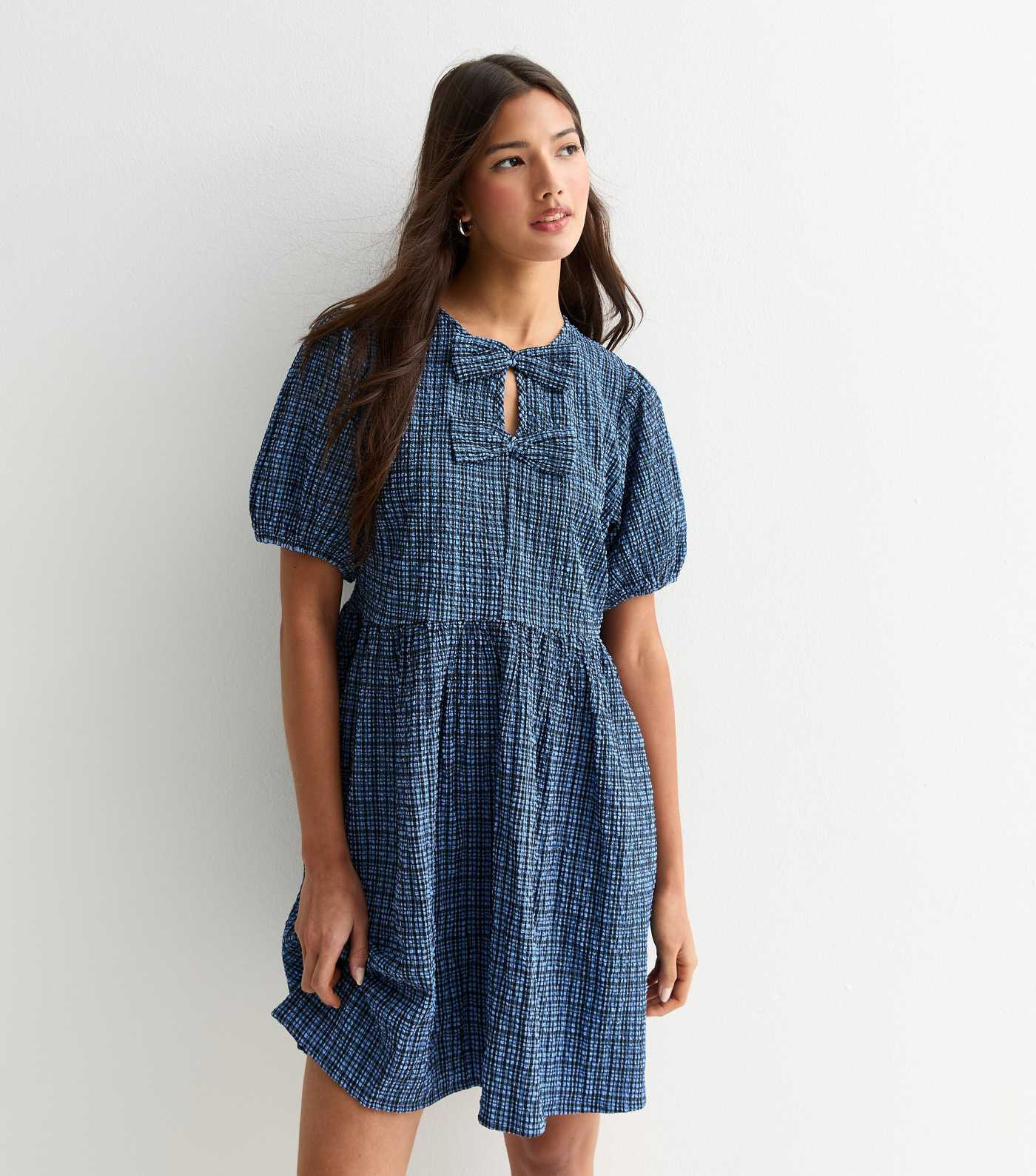 Blue Check Bow Front Mini Smock Dress | New Look | New Look (UK)
