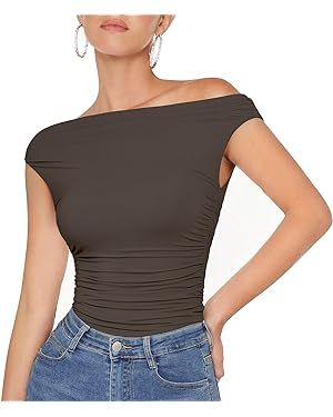 OMKAGI Women One Off Shoulder Y2K Tops Double Lined Slim Fit T Shirts Basic Tees | Amazon (US)