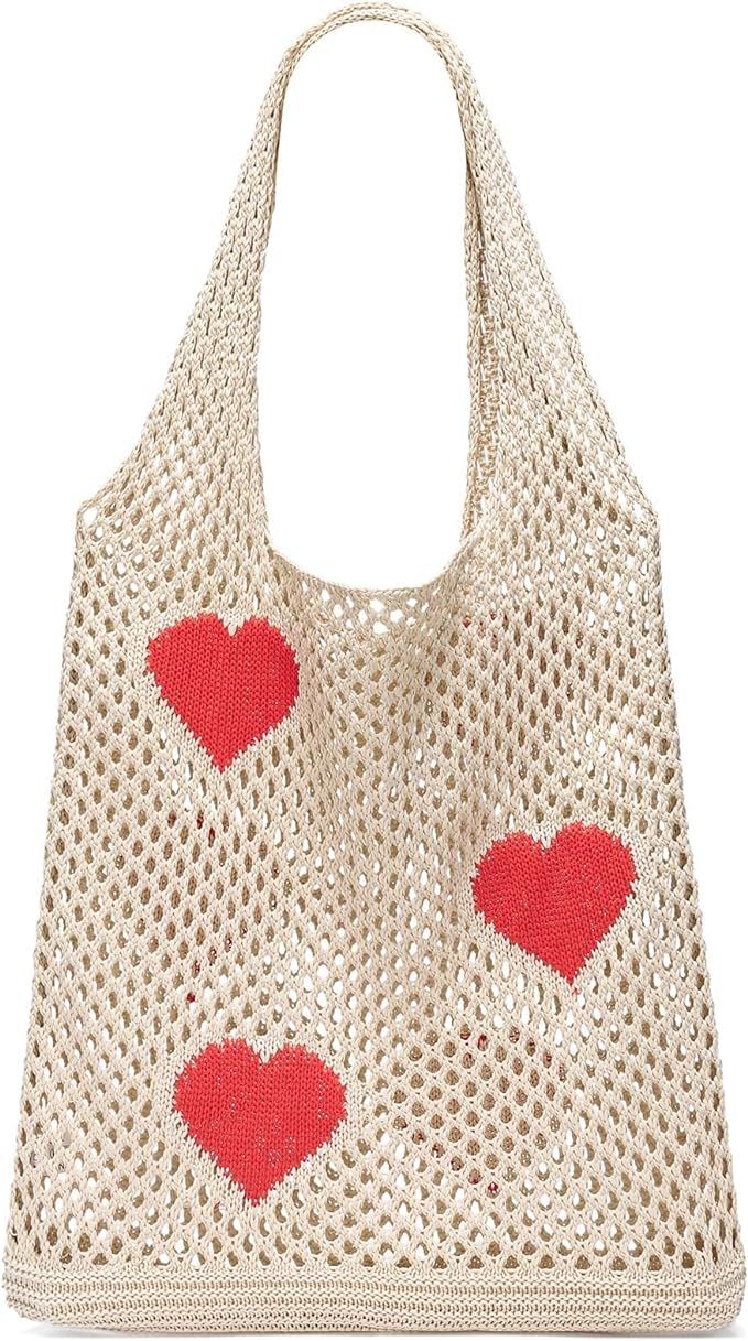 CATMICOO Crochet Mesh Beach Tote Bag Summer Aesthetic Knit Bag for Women | Amazon (US)