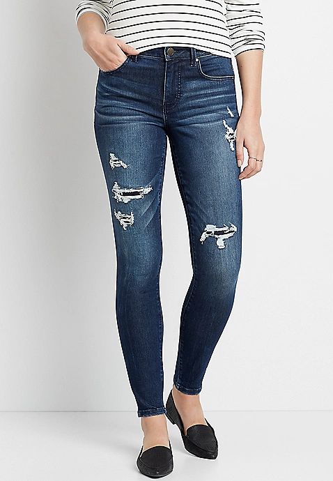 Everflex™ High Rise Dark Backed Destructed Skinny Jean | Maurices