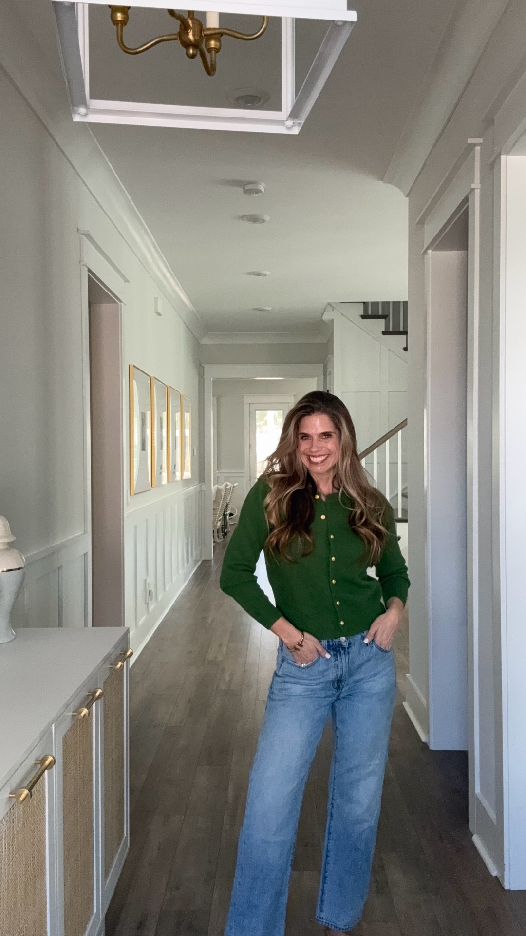 Chic Wish Green cardigan with gold buttons, Pistola jeans, oak and Luna initial necklace 

#LTKootd #LTKSaleAlert #LTKOver40