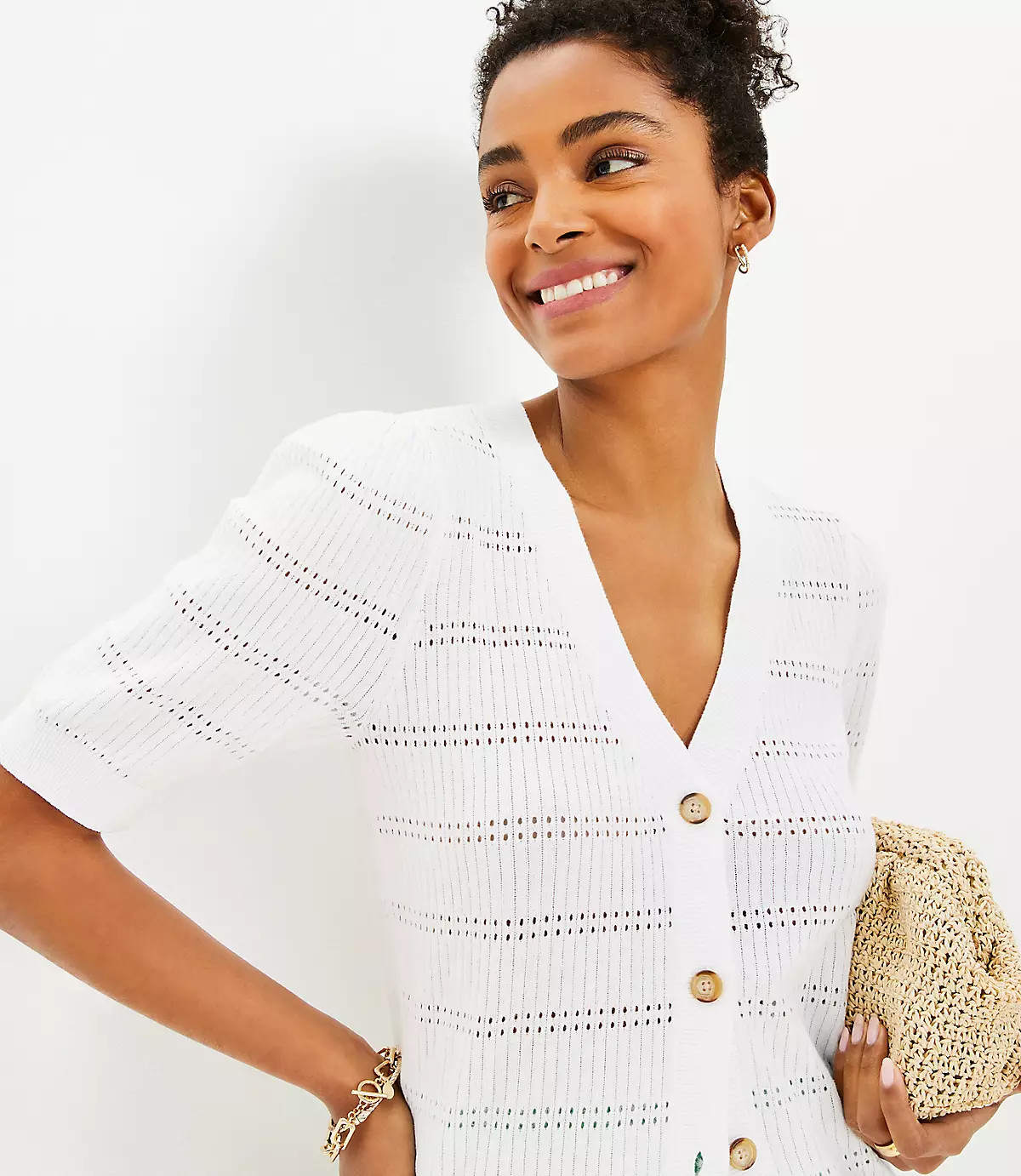 Pointelle Puff Sleeve V-Neck Cardigan Top | LOFT