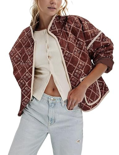 Omoone Women's Cropped Quilted Jacket Floral Printed LightWeight Padded Puffer Cardigan Coat Outwear(09Chocolate-L) | Amazon (US)