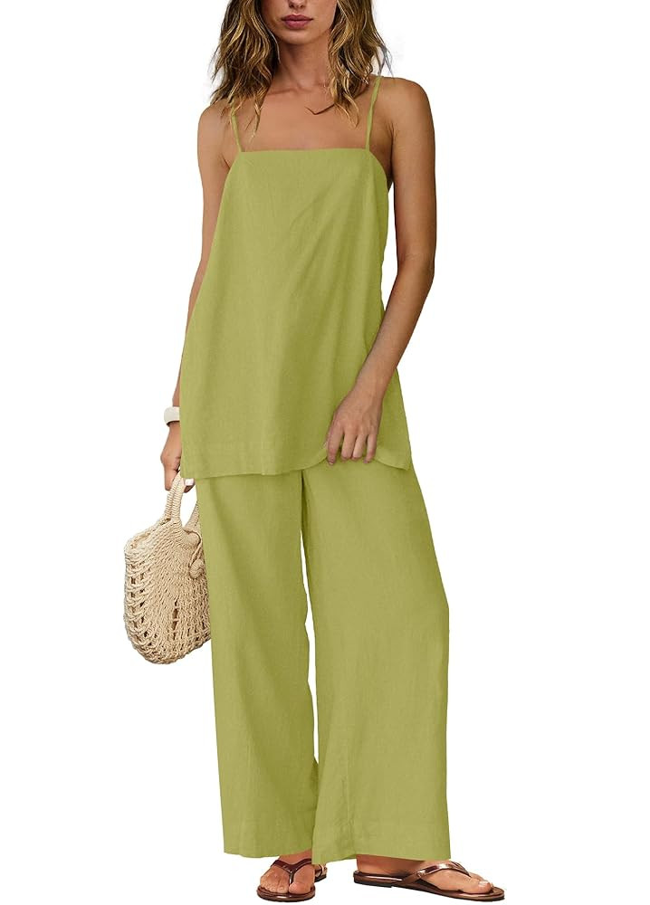 Yanekop Linen Sets for Women 2 Piece Pants Summer Outfits Matching Lounge Sets Spaghetti Strap Ta... | Amazon (US)