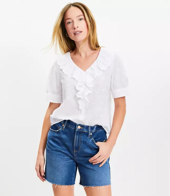 Clip Eyelet Ruffle Puff Sleeve Blouse | LOFT