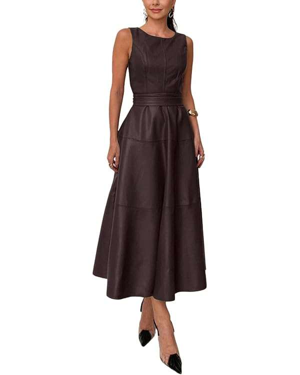 CHARTOU Women PU Faux Leather Sleeveless Elegant Flowy Long Dress Party Night Out Dress with Belt | Amazon (US)