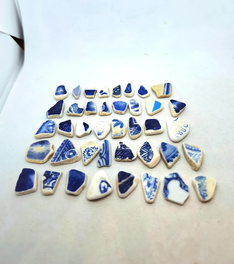 Sea Pottery in Various Shapes and Sizes. Beautiful Blue and White Set of 40 Small Pieces for Your... | Etsy (Global)