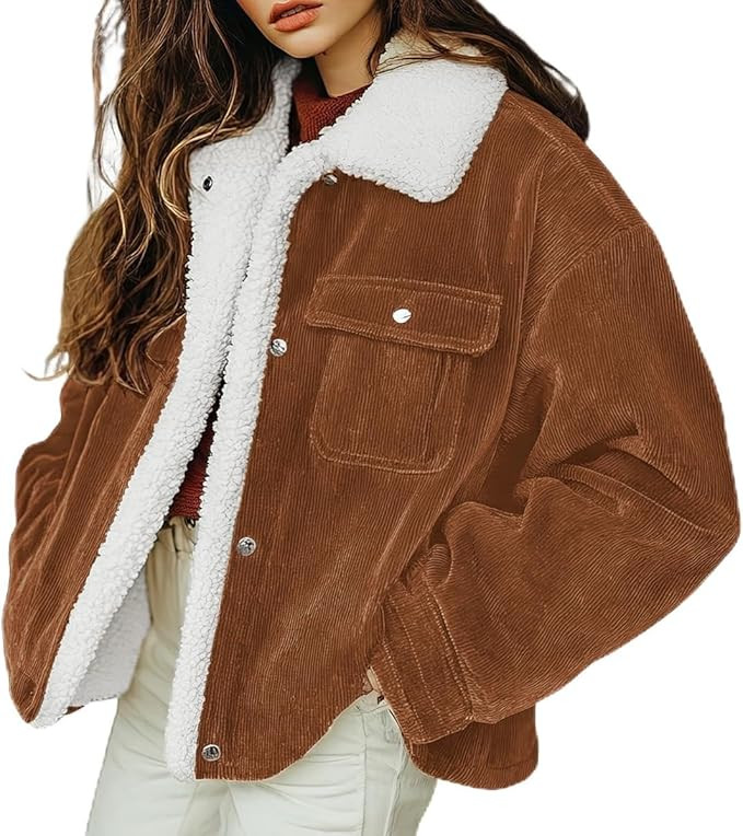chouyatou Women's Winter Sherpa Fleece Lined Corduroy Coat Button Down Warm Faux Fur Jacket Outer... | Amazon (US)