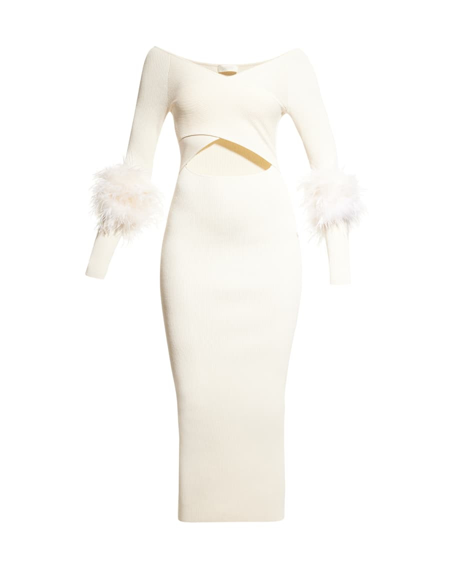 LAPOINTE Criss-Cross Cutout Midi Dress w/ Feather Trim | Neiman Marcus