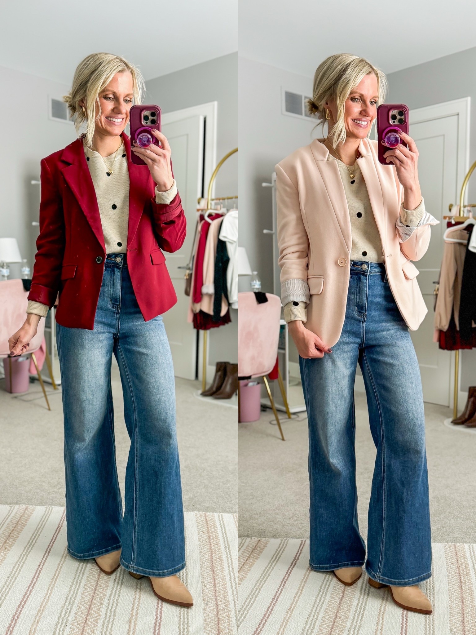 A red or pink blazer can be the perfect layering piece to wear for Valentine’s Day! I layered them over a polka dot sweater! 
Red blazer- old, linked similar 
Pink blazer- xsmall (code: THRIFTYWIFE10) 
Jeans- 24, I sized down
Sweater- smalll

#LTKValentine #LTKOver40 #LTKPetite
